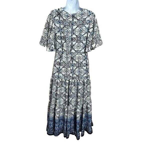 Taylor Boho Blue Dress Sz 12 Tiered Midi Lined Front Tie Flutter Sleeve New - Picture 12 of 13